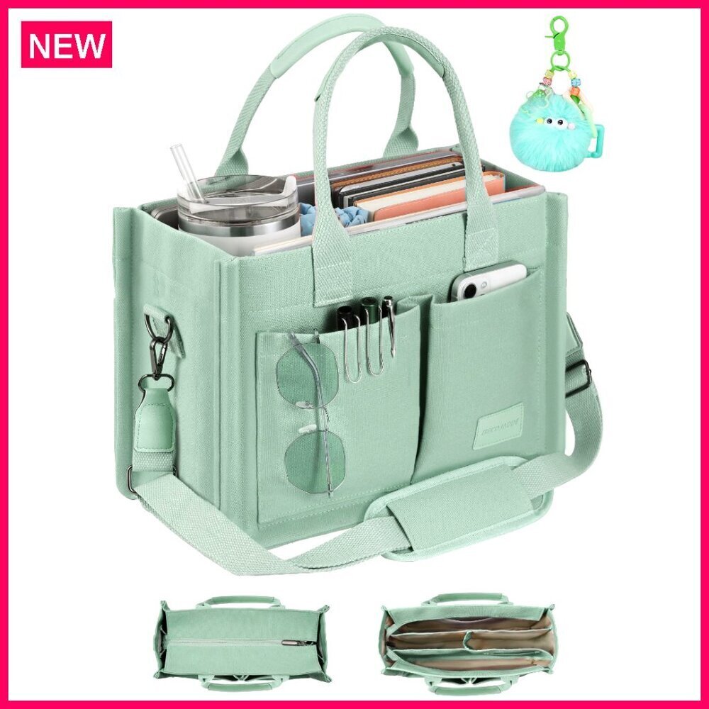 Canvas Tote Bag with Zipper Closure, Multiple Compartments, Bottom Support